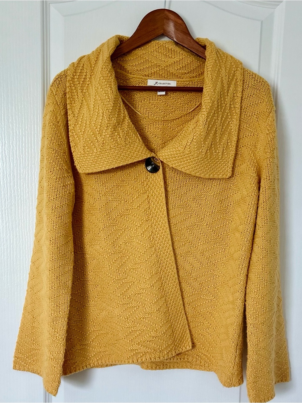 JM Collection Mustard Yellow Textured Knit Cardigan Jacket L Oversized Collar